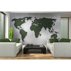 Een fotobehang met een wereldkaart op een groene betonnen achtergrond voor de woonkamer.