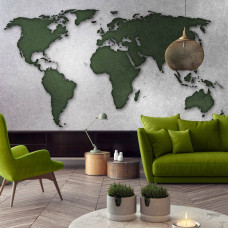 Een fotobehang met een wereldkaart op een groene betonnen achtergrond voor de slaapkamer en woonkamer.