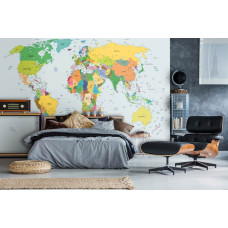 Een fotobehang met een wereldkaart van de aarde in de slaapkamer.