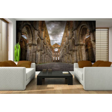 Een fotobehang met een middeleeuws kasteel en dramatische 3D-effecten, passend voor de woonkamer.