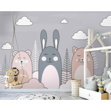 Een fotobehang van een kat, konijn en teddybeer in een serene babykamer.