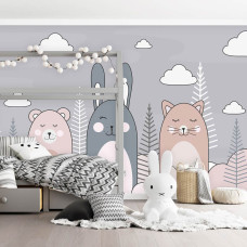 Een fotobehang van een kat, konijn en teddybeer in een schattige babykamer.