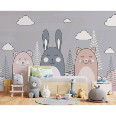 Een fotobehang van een kat, konijn en teddybeer in een kinderkamer met kinderbehangstijl.