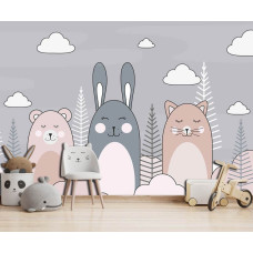 Een fotobehang van een kat, konijn en teddybeer in een kleurrijke kinderkamer.