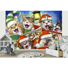 Een fotobehang van katten in een vrolijke kerst setting, geschikt voor een gezellige sfeer.