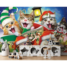 Een fotobehang van grappige kerstkatten, ideaal voor een kinderkamer.