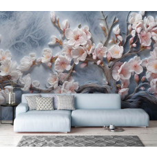 Een fotobehang van kersenbloesem bloemen op takken in sakura stijl in de huiskamer.