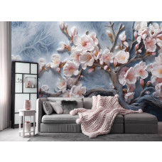 Een fotobehang van kersenbloesem bloemen op takken in sakura stijl in de woonkamer.