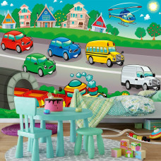 Een fotobehang met auto's, trein, bus en helikopter voor de babykamer en speelkamer.