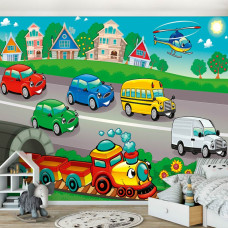 Een fotobehang met auto's, trein, bus en helikopter voor de babykamer.