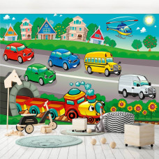Een fotobehang met auto's, trein, bus en helikopter voor de kinderkamer.
