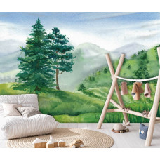 Een fotobehang van een kinderlandschap met speelse kleuren in een babykamer.