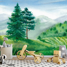 Een fotobehang van een kinderlandschap met een vrolijke uitstraling in een babykamer.