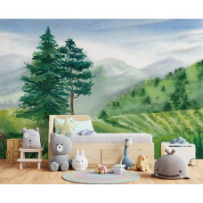 Een fotobehang van een kinderlandschap in een gezellige kinderkamer.