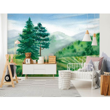 Een fotobehang van een kinderlandschap in vliesbehangstijl voor een kinderkamer.