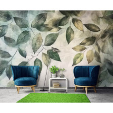 Fotobehang met elegante groene bladeren in een stijlvolle woonkamer.