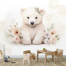 Een fotobehang van een kleine ijsbeer met bloemen in een combinatie van babykamer en kinderkamer.