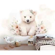 Een fotobehang van een kleine ijsbeer met bloemen in een babykamer.
