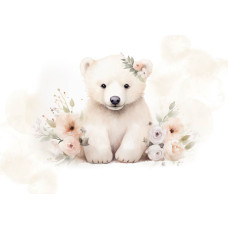 Fotobehang van een kleine ijsbeer met bloemen, vrolijk en speels voor kinderen.
