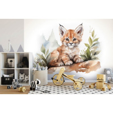 Een fotobehang van een kleine lynx met een avontuurlijk thema in een kinderbehang.