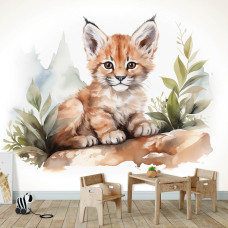Een fotobehang van een kleine lynx in een gezellige kinderkamer.