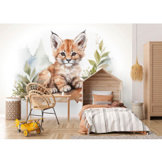Een fotobehang van een kleine lynx in een meisjeskamer met zachte tinten.