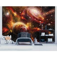 Een fotobehang met een kleurrijk universum vol sterren en planeten, speciaal ontworpen voor een kinderkamer.