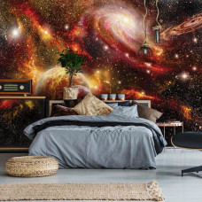 Een fotobehang met een kleurrijke kosmos en planeten, speciaal voor een slaapkamer.