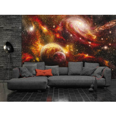 Een fotobehang met een dynamisch universum vol sterren en planeten, ideaal voor een woonkamer.