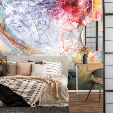 Een fotobehang met kleurrijke abstracte kunst en verfstreken, perfect voor een slaapkamer.