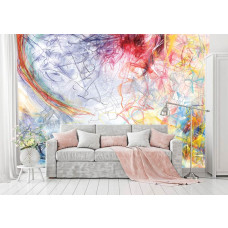 Een fotobehang van kleurrijke abstracte kunst met moderne penseelstreken in een woonkamer.