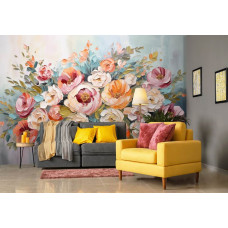 Een fotobehang met kleurrijke bloemen in een kunstzinnige compositie, perfect voor een huiskamer.