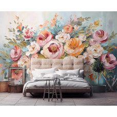 Een fotobehang met kleurrijke bloemen in een compositie, perfect voor een slaapkamer.