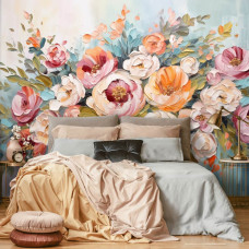 Een fotobehang met kleurrijke bloemen in een vliesbehang, ideaal voor een slaapkamer.