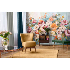 Een fotobehang met kleurrijke bloemen in een kunstzinnig ontwerp, passend in een woonkamer.