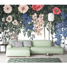 Fotobehang met kleurrijke bloemenwaterval in een stijlvolle woonkamer.