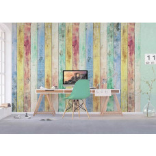 Een stijlvol kantoor met een fotobehang van kleurrijke houten panelen in een retro stijl.