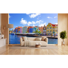 Fotobehang van de beroemde Handelskade in Willemstad in een moderne woonkamer.