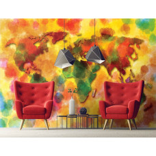Een fotobehang met een kleurrijke wereldkaart als abstract kunstwerk voor de huiskamer.