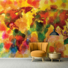 Een fotobehang met een kleurrijke wereldkaart als abstract kunstwerk voor de slaapkamer.