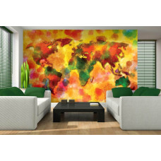 Een fotobehang met een kleurrijke wereldkaart als abstract kunstwerk voor de woonkamer.