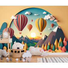 Een fotobehang met kleurrijke papierkunst van luchtballonnen in een fantasielandschap, perfect voor een babykamer.