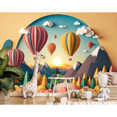 Een fotobehang met kleurrijke luchtballonnen in een kunstzinnig landschap, ideaal voor een kinderkamer.