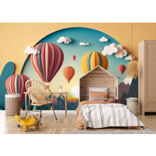 Een fotobehang met kleurrijke luchtballonnen in een artistieke stijl, passend in een speelkamer of kinderkamer.