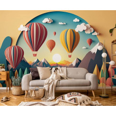 Een fotobehang met kleurrijke luchtballonnen in papierkunst, geschikt voor een woonkamer.