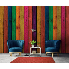 Een fotobehang met kleurrijke planken van hout in industriėle stijl voor de slaapkamer.