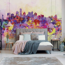 Fotobehang van een kleurrijke stad met abstracte kunst in verf, geschikt voor de slaapkamer.