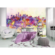 Fotobehang van een kleurrijke stad met verf en abstract kunstwerk, ideaal als vliesbehang voor de slaapkamer.