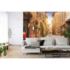 Een fotobehang met een romantische steeg in Rome, Italiė, afgebeeld in een sfeervolle stijl.