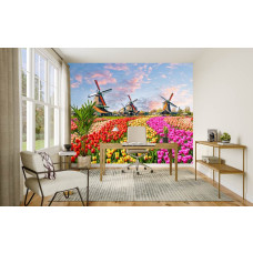 Fotobehang van een Nederlands landschap met tulpenvelden in een eigentijds kantoor.